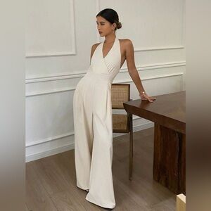 Halter-Neck Cream Wide-Leg Jumpsuit